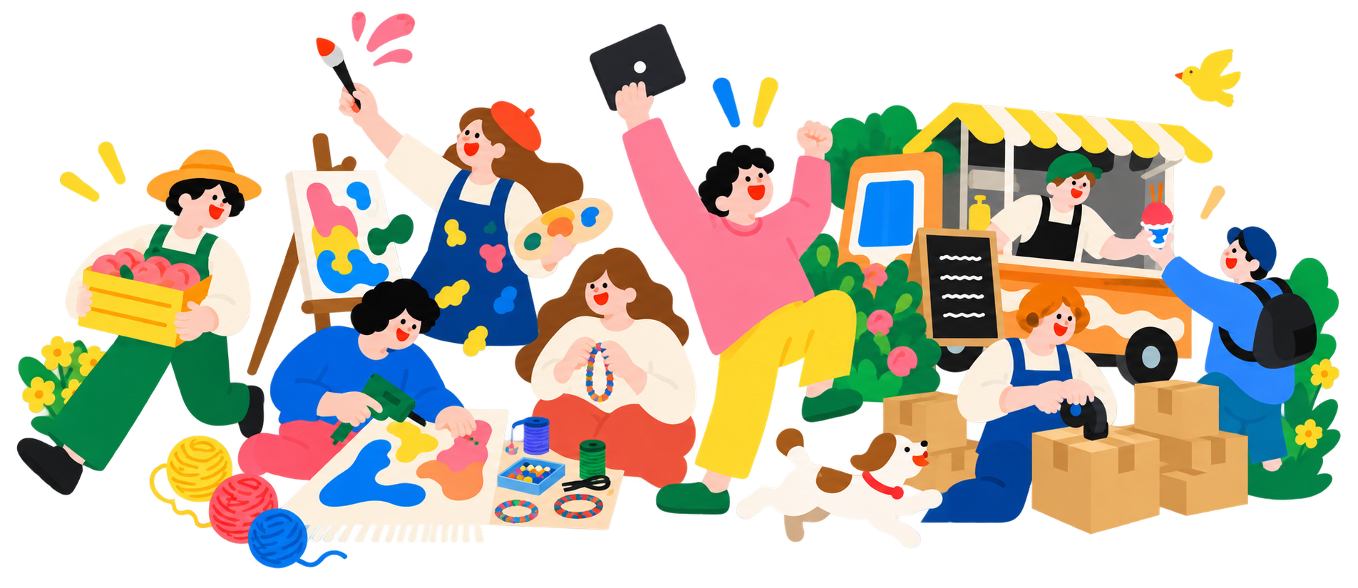 縁でいろいろな仕事に取り組む人たちのイラスト